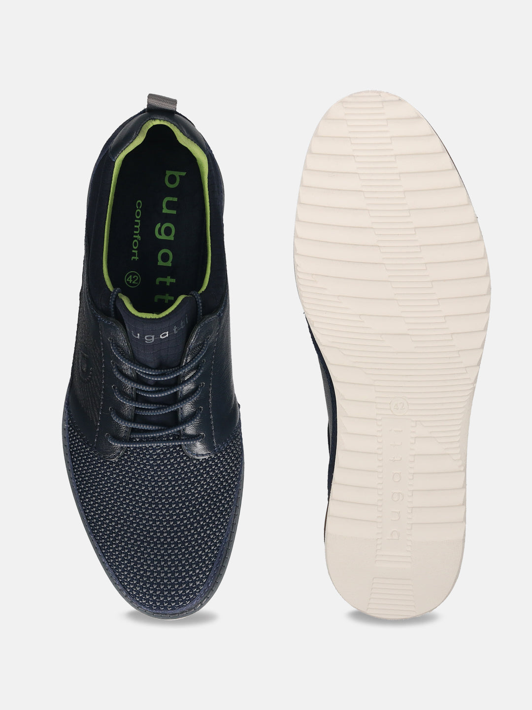 Dark blue casual shoes by bugatti featuring lace-up closure, mesh texture on the vamp, and contrasting sole.