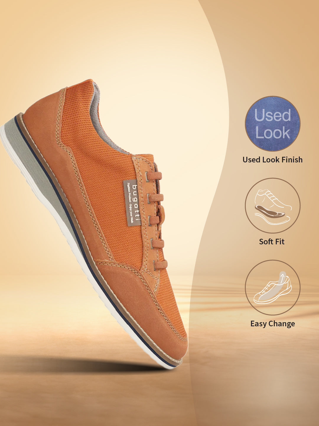 Orange casual shoe by bugatti with used look finish, soft fit, and easy change features.