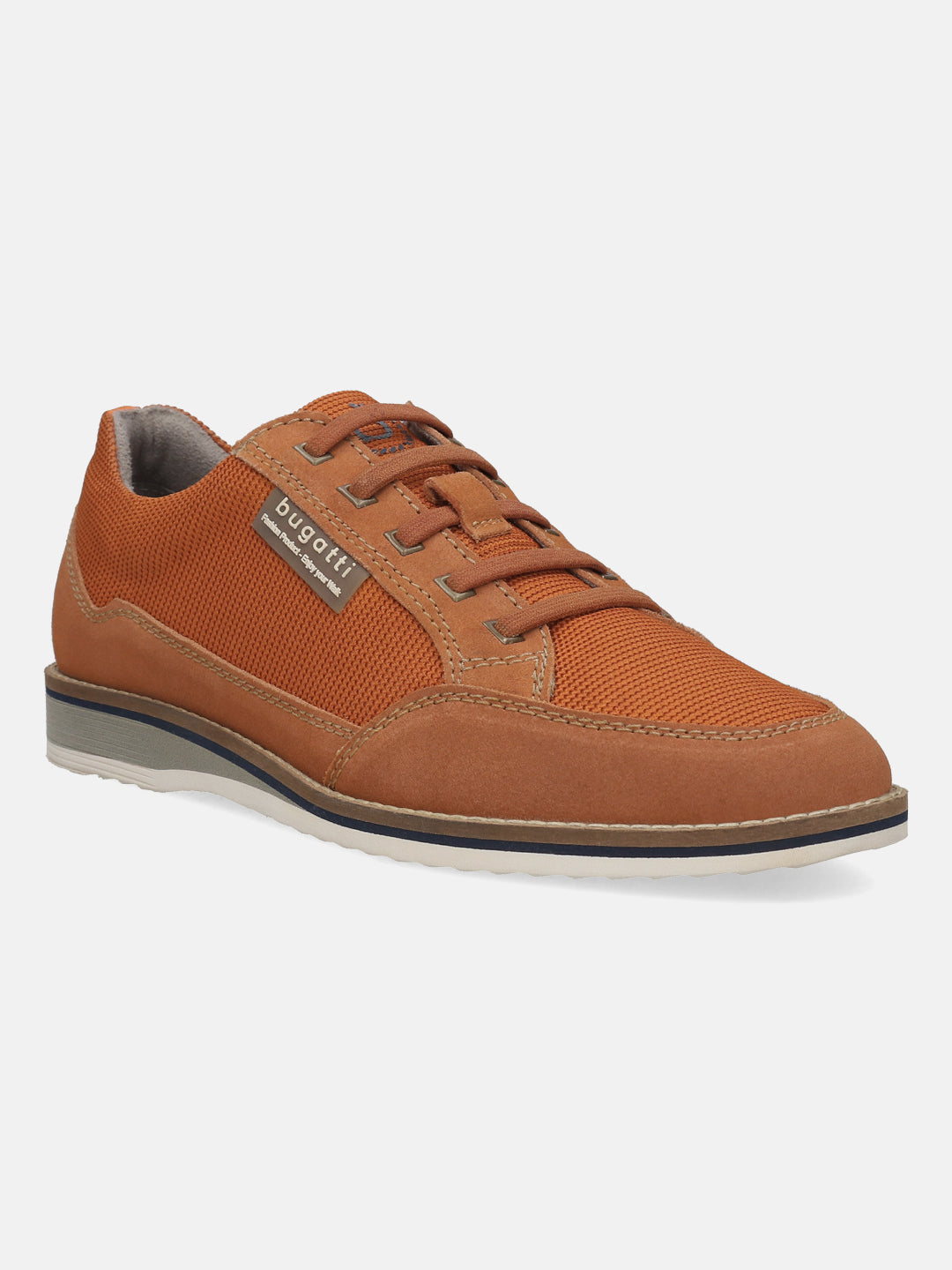 Orange casual shoe by bugatti, featuring a textile and suede upper with matching laces and layered sole.