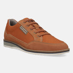 Orange casual shoe by bugatti, featuring a textile and suede upper with matching laces and layered sole.