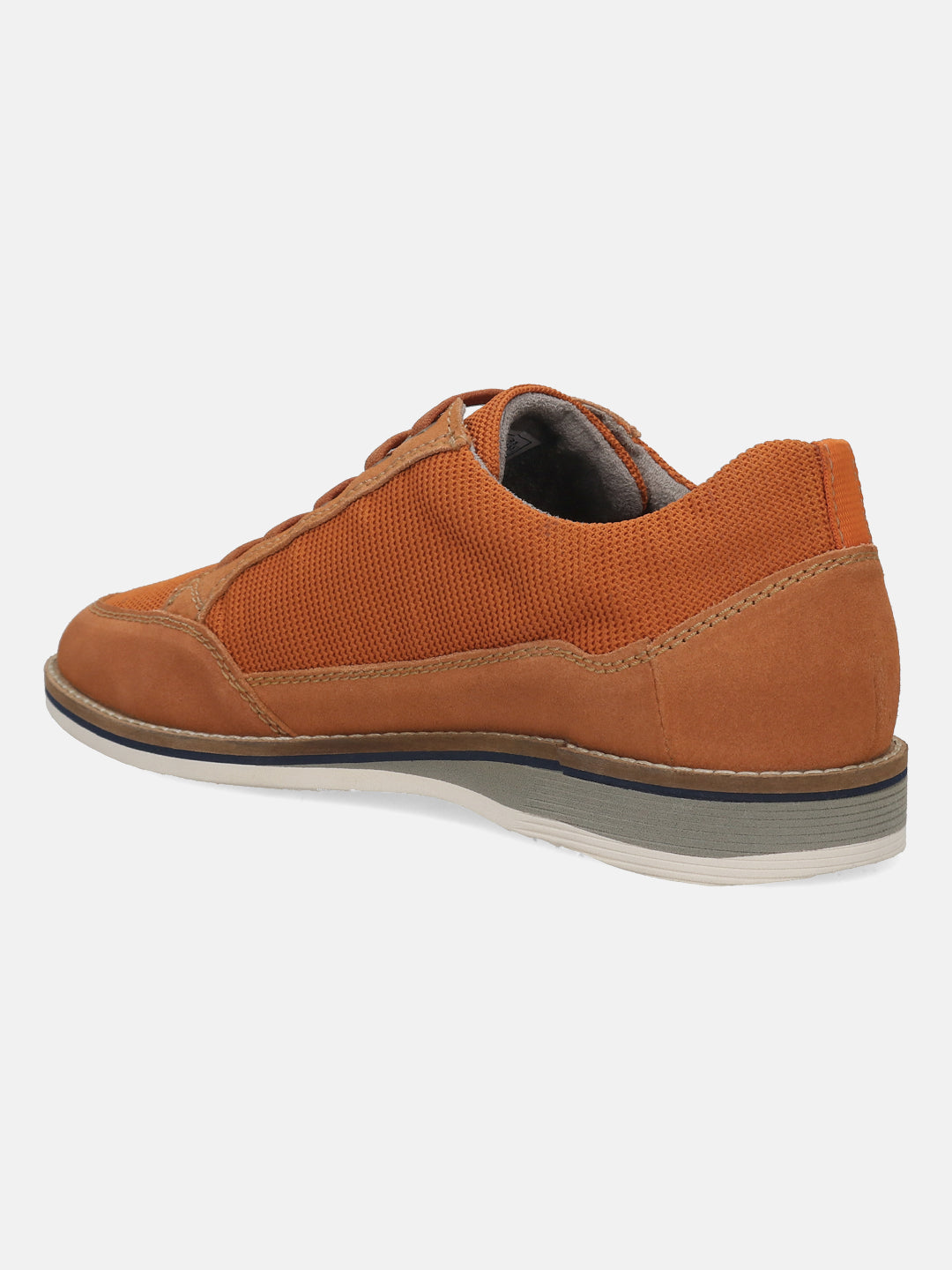 Orange casual shoe by bugatti with suede overlays and a contrasting layered sole, seen from the side.