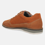 Orange casual shoe by bugatti with suede overlays and a contrasting layered sole, seen from the side.