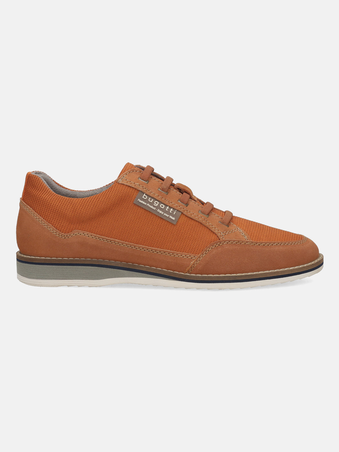 Orange casual shoe by Bugatti, featuring a textile and suede upper with a light-colored rubber sole.