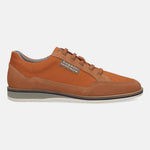 Orange casual shoe by Bugatti, featuring a textile and suede upper with a light-colored rubber sole.