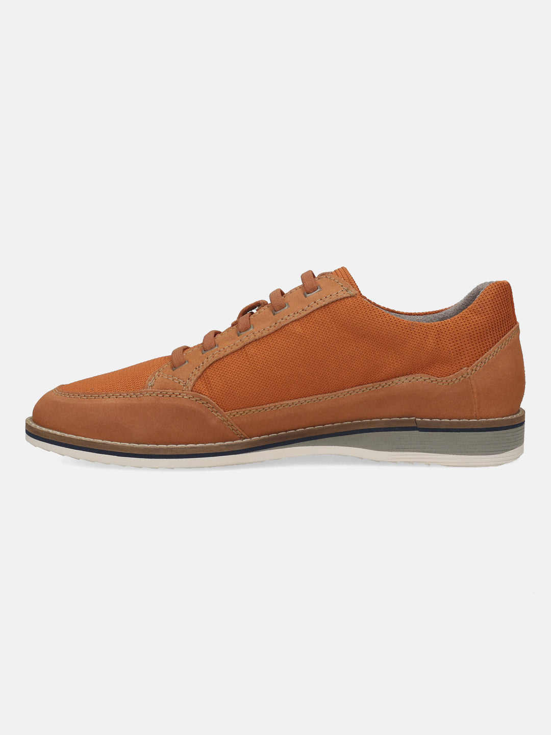 Orange casual shoe by bugatti with suede details and flat, layered sole, shown in profile.
