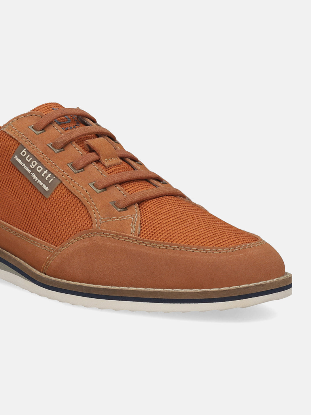 Cropped view of orange casual shoe by Bugatti, showing a textile and suede upper, with matching laces.