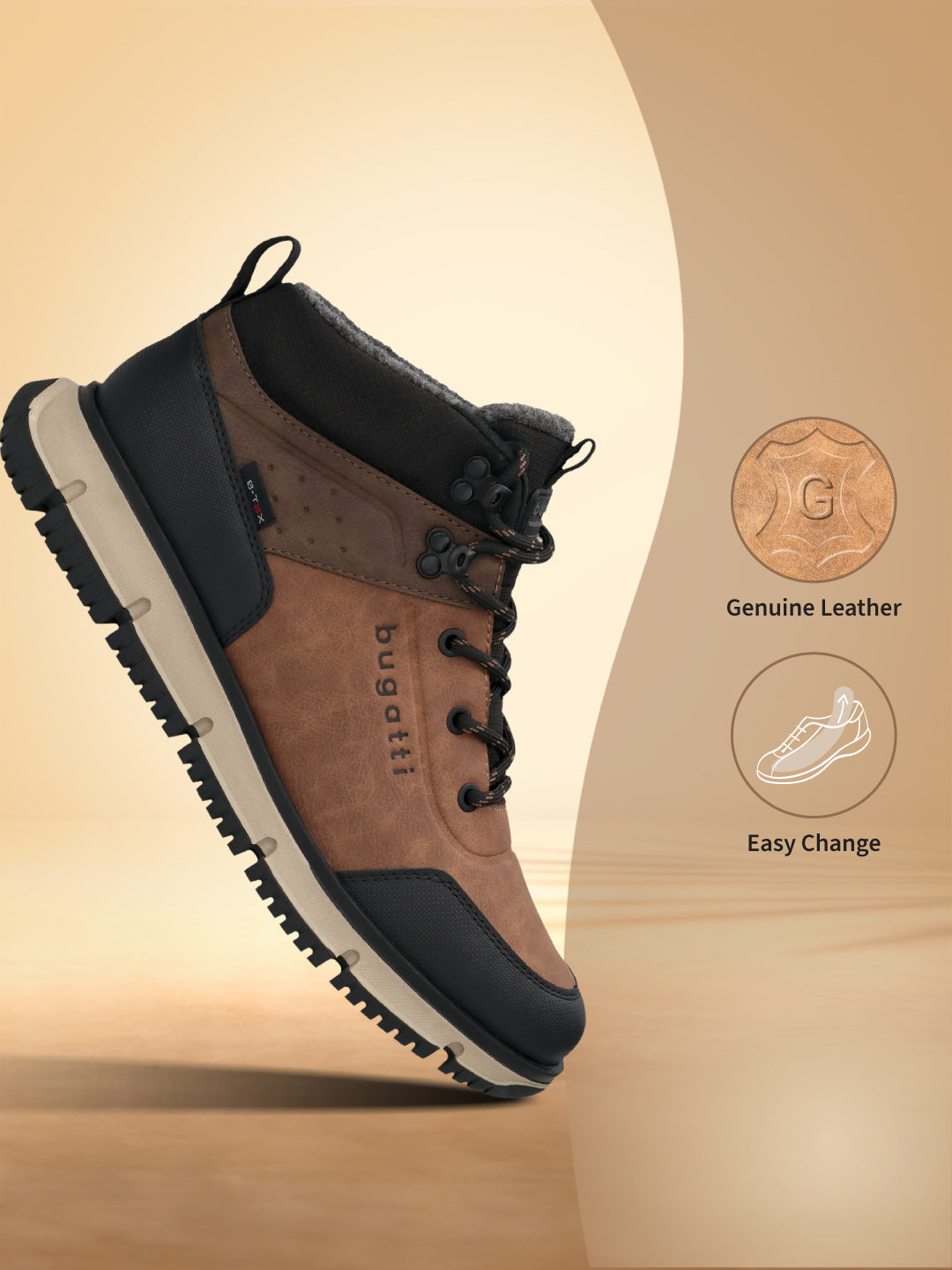 A cognac Men's bugatti Outdoor Sneakers featuring a round toe plain toe, zero heels heel. 'Genuine Leather' and 'Easy Change' icons on a beige background