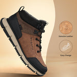 A cognac Men's bugatti Outdoor Sneakers featuring a round toe plain toe, zero heels heel. 'Genuine Leather' and 'Easy Change' icons on a beige background