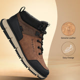 A cognac Men's bugatti Outdoor Sneakers featuring a round toe plain toe, zero heels heel. 'Genuine Leather' and 'Easy Change' icons on a beige background