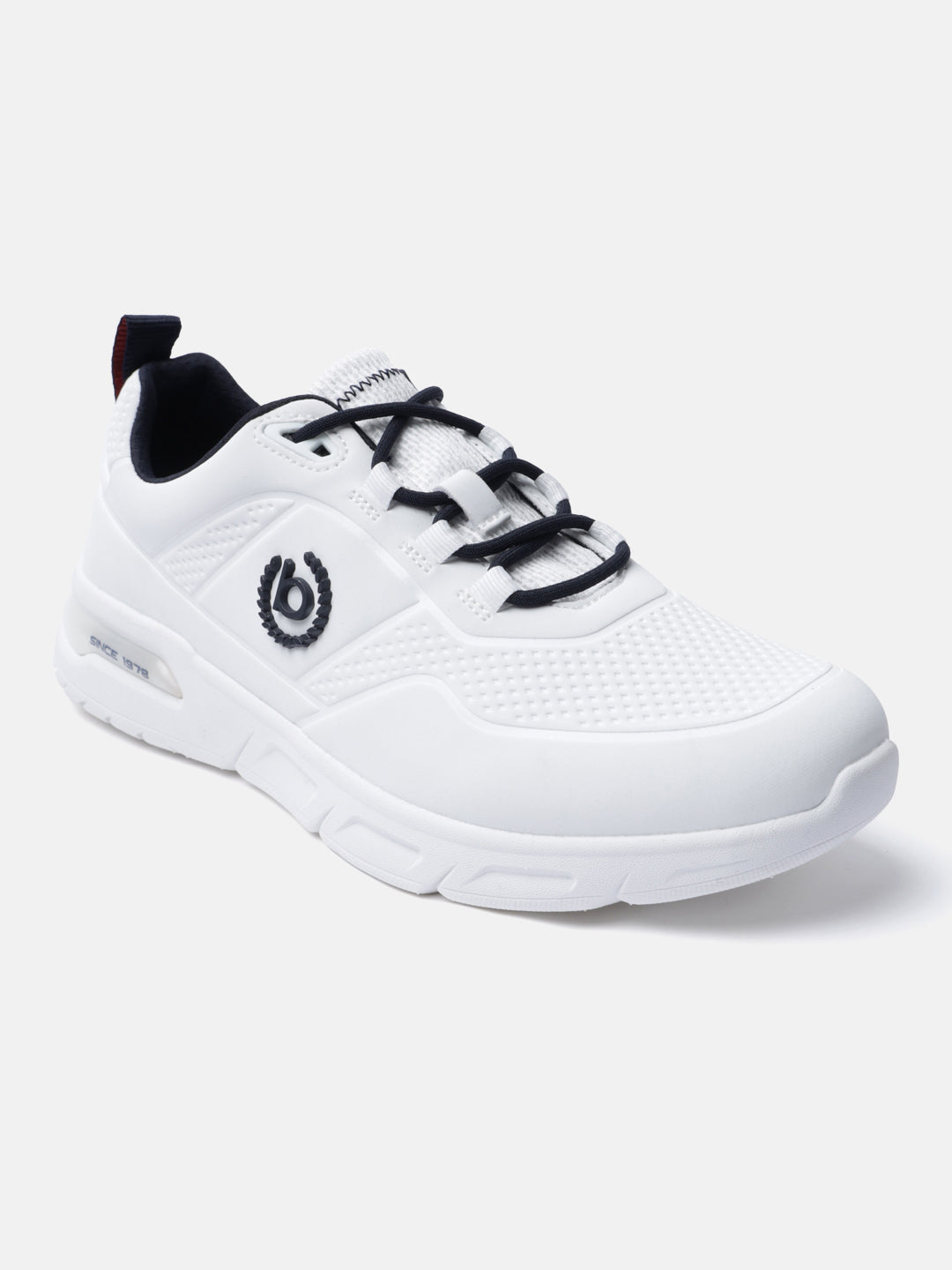 White comfort sneakers by bugatti with navy laces, and a rubber sole.