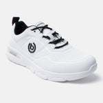 White comfort sneakers by bugatti with navy laces, and a rubber sole.