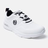White comfort sneakers by bugatti with navy laces, and a rubber sole.