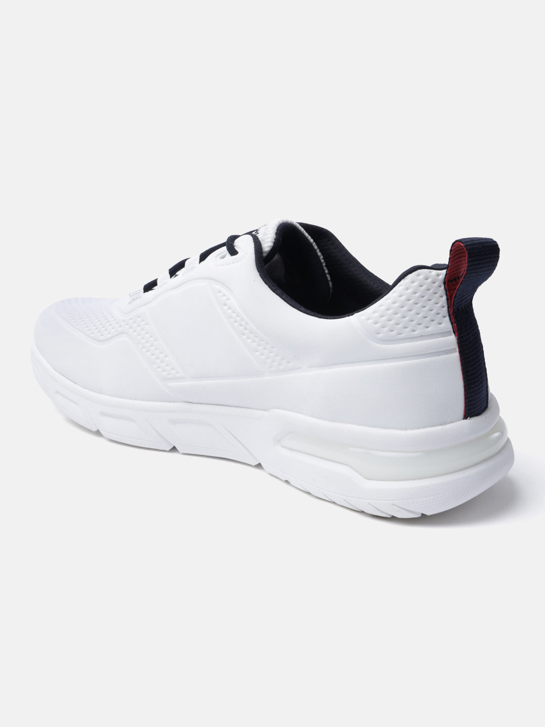 White sneaker by bugatti with black interior, laces, and a navy blue heel pull tab with a red stripe.