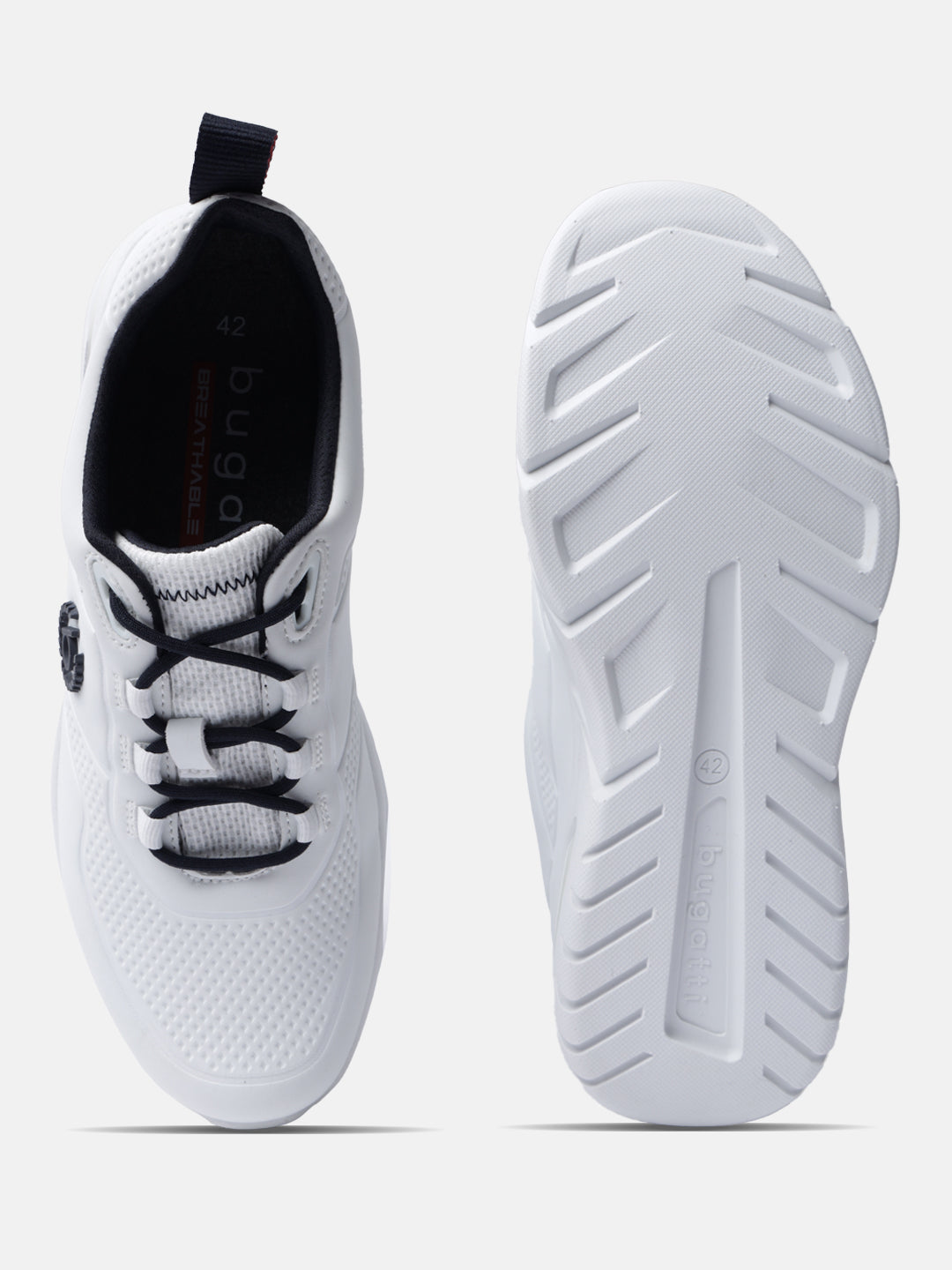 White Nubola sneakers by bugatti, featuring a breathable lining, black laces, and a patterned white sole.