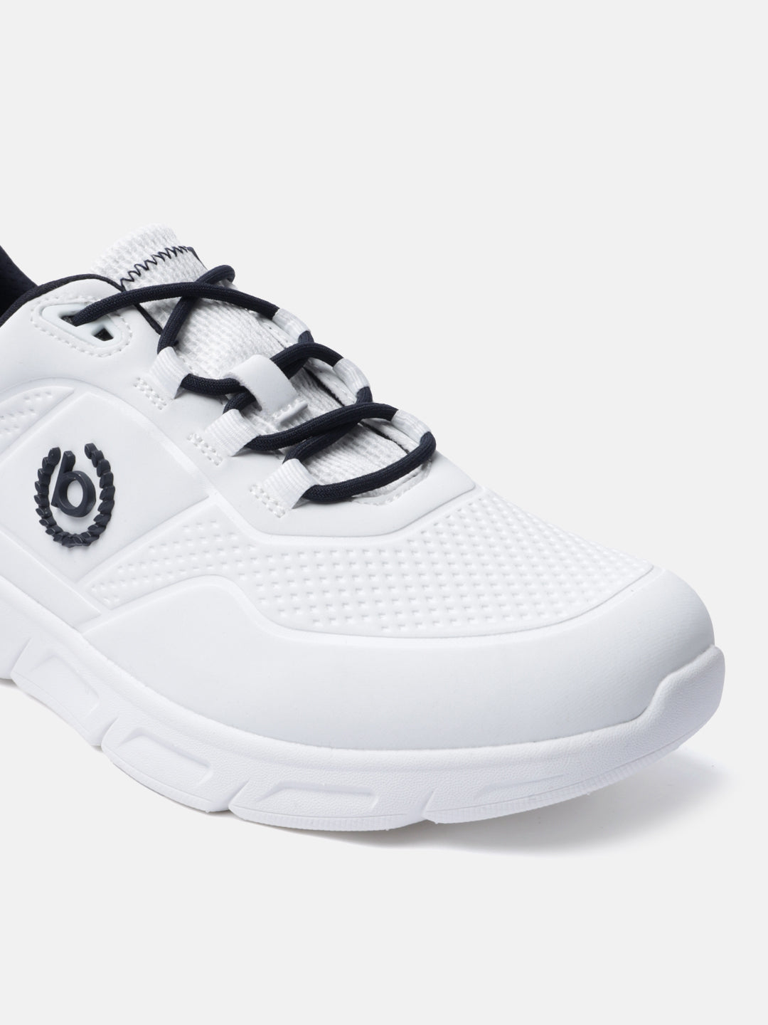 White sneaker by bugatti featuring black laces and a textured synthetic upper.
