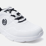 White sneaker by bugatti featuring black laces and a textured synthetic upper.
