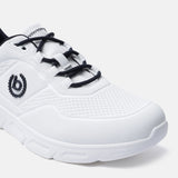 White sneaker by bugatti featuring black laces and a textured synthetic upper.
