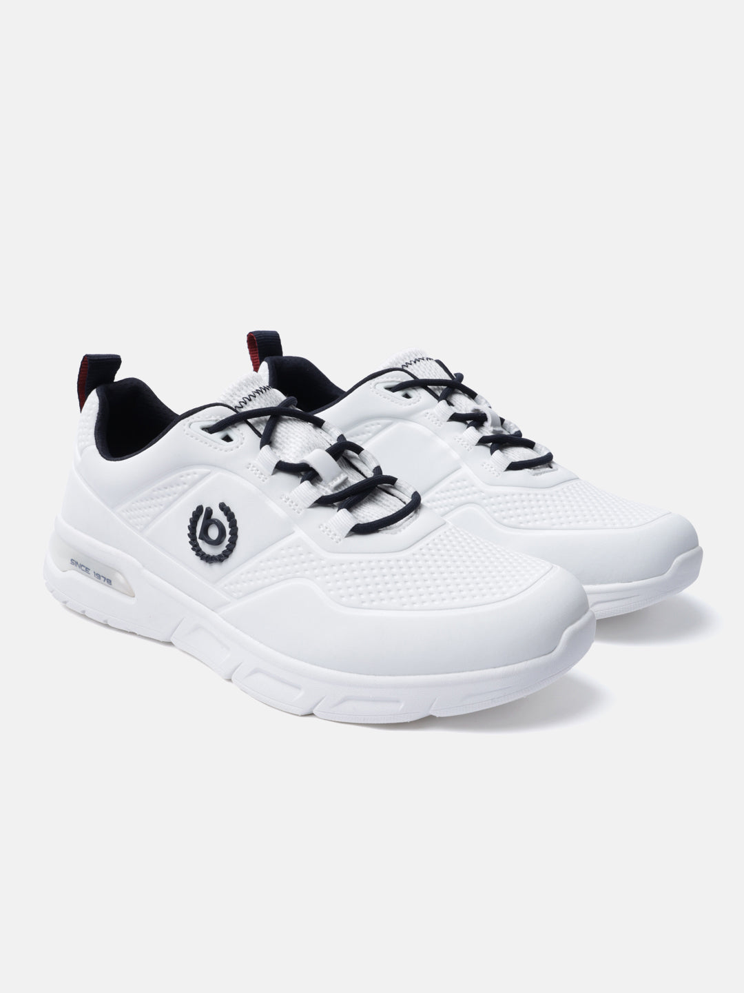 White Nubola comfort mid top sneakers by bugatti with black laces and red accent at heel.