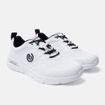 White Nubola comfort mid top sneakers by bugatti with black laces and red accent at heel.