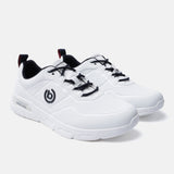 White Nubola comfort mid top sneakers by bugatti with black laces and red accent at heel.