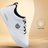 White comfort mid-top sneaker by bugatti with navy blue laces and padded collar.
