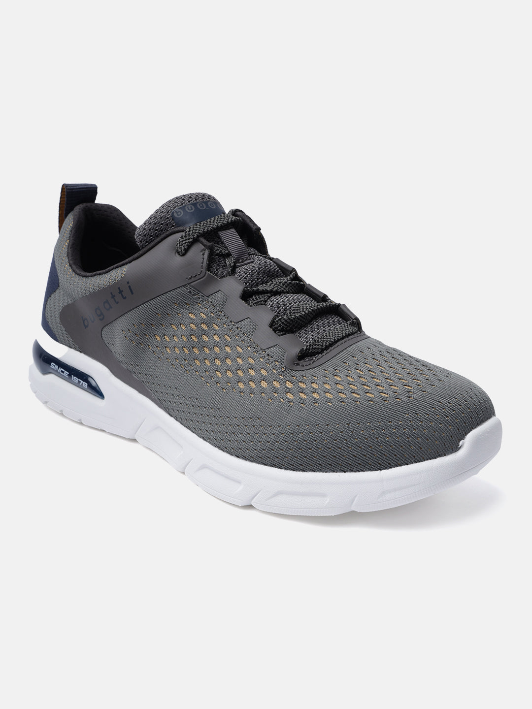 Dark grey sneaker by bugatti, with a perforated design, white sole, and dark laces.