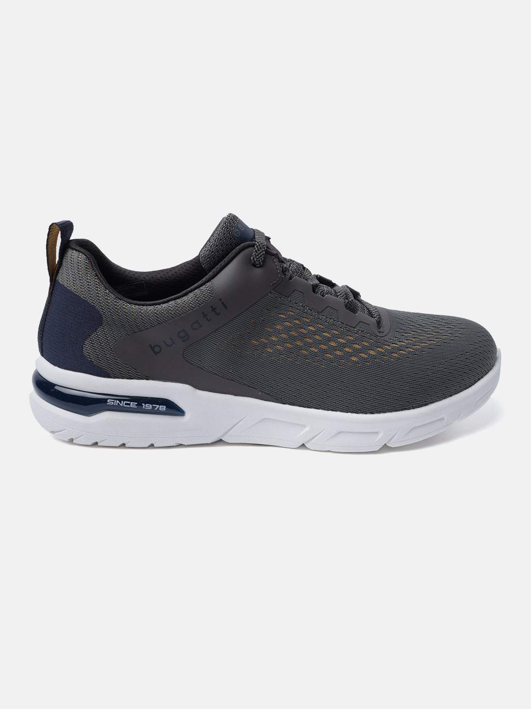 Dark gray sneaker by bugatti, featuring navy heel detail and a white sole.