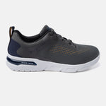 Dark gray sneaker by bugatti, featuring navy heel detail and a white sole.