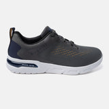 Dark gray sneaker by bugatti, featuring navy heel detail and a white sole.