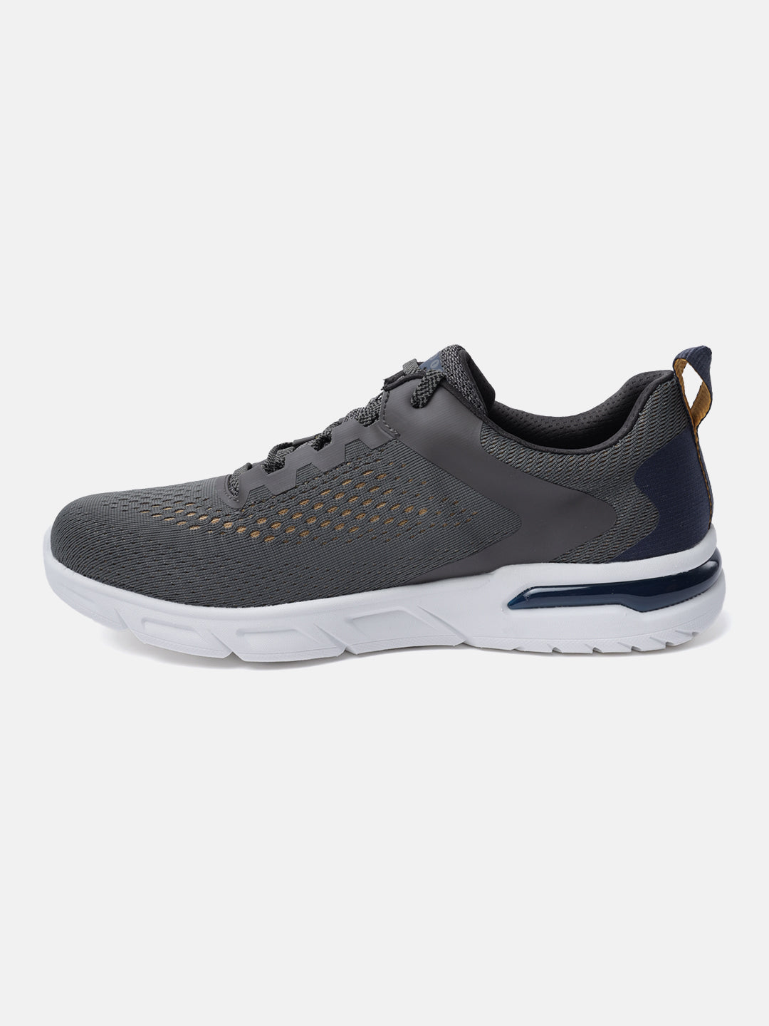 Dark grey sneaker by bugatti with white soles, dark textile details, and tan heel loop, in a side view.
