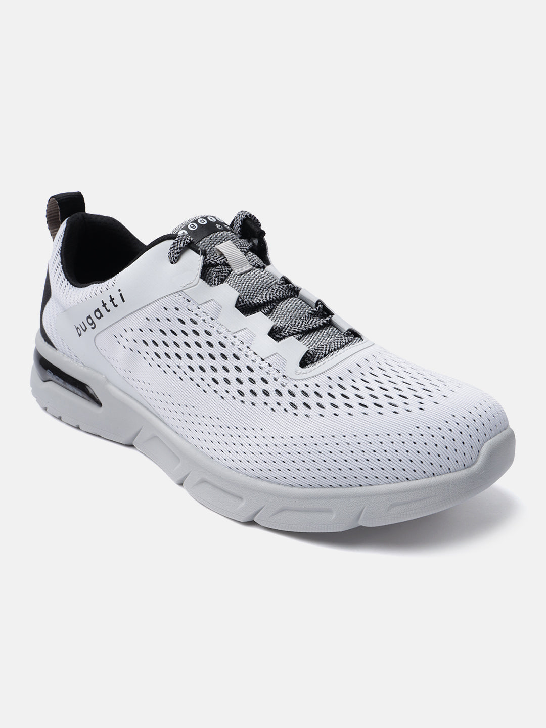White comfort mid-top sneaker by bugatti with black interior and grey patterned laces.