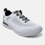 White comfort mid-top sneaker by bugatti with black interior and grey patterned laces.