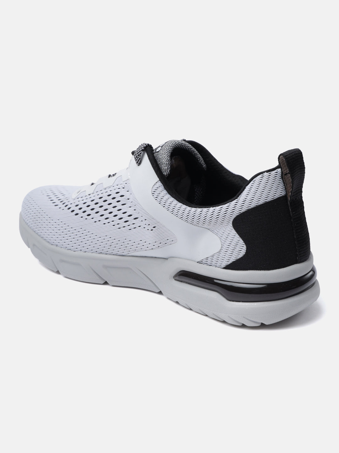 White sneaker by bugatti with black heel detail and gray sole, shown in back view.