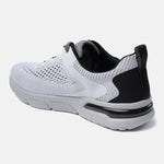 White sneaker by bugatti with black heel detail and gray sole, shown in back view.
