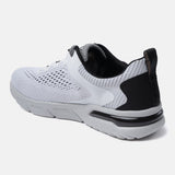 White sneaker by bugatti with black heel detail and gray sole, shown in back view.