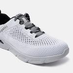 White comfort sneakers by Bugatti with black and grey laces and a white perforated upper.
