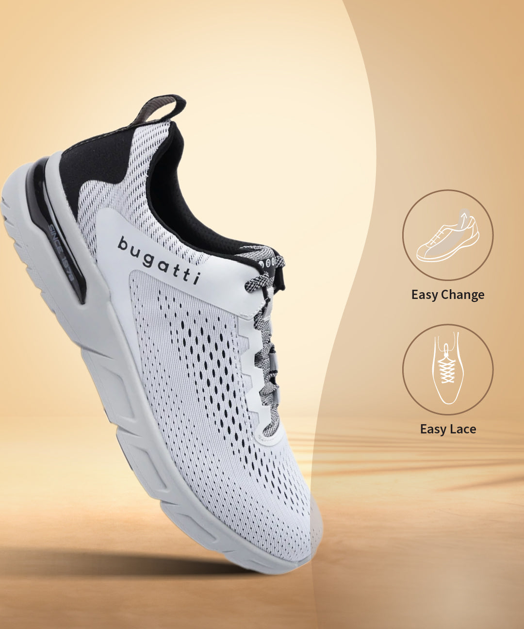 White sneakers by bugatti, with black and white patterned laces, on a tan background.