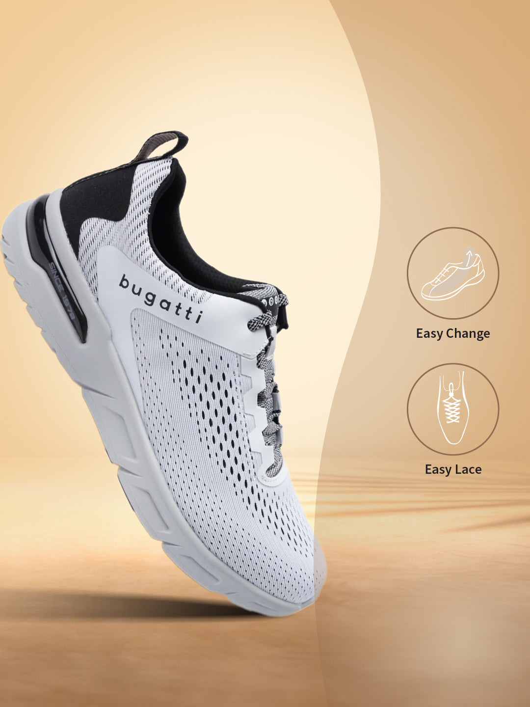 White sneakers by bugatti, with black and white patterned laces, on a tan background.