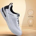 White sneakers by bugatti, with black and white patterned laces, on a tan background.