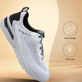 White sneakers by bugatti, with black and white patterned laces, on a tan background.