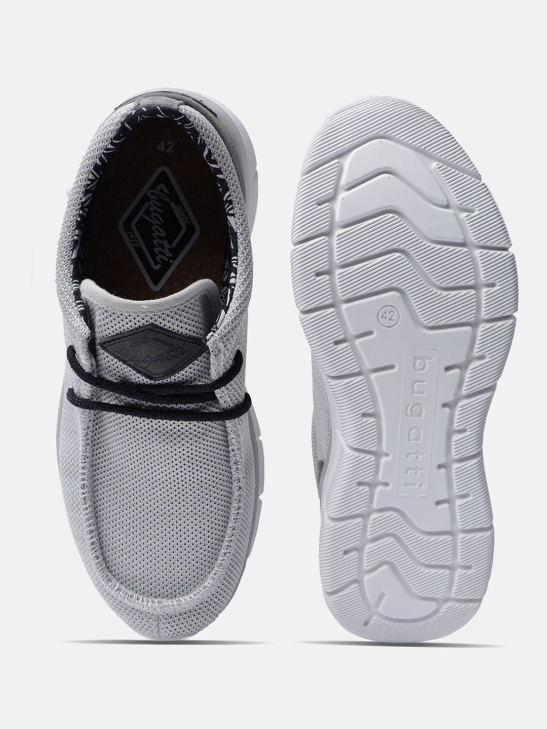 Light grey mid-top sneakers by Bugatti, displaying both the top and sole, with dark laces.