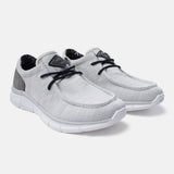 Light grey mid-top sneakers by bugatti with dark laces, patterned lining, and comfortable white soles.