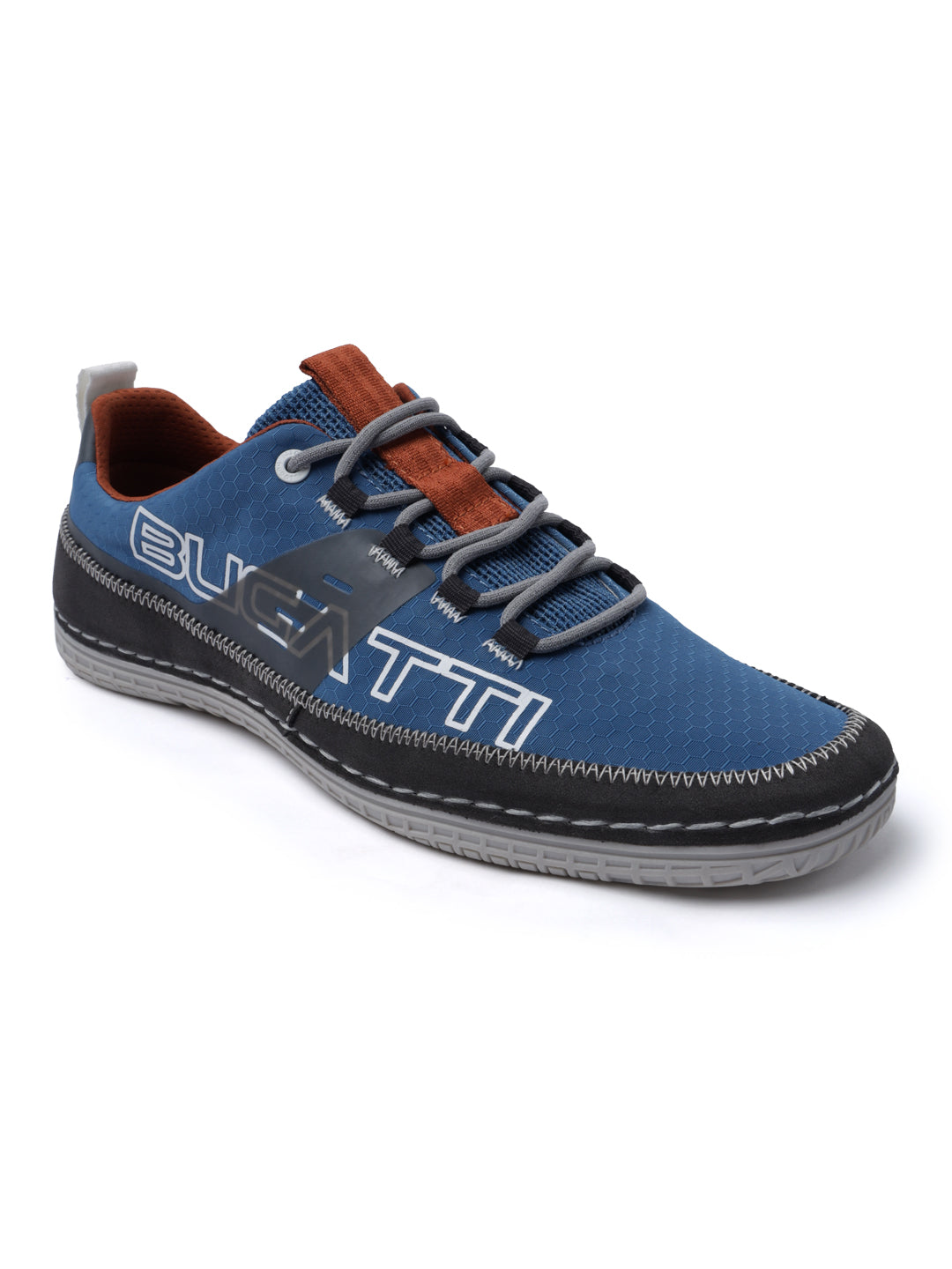 Blue comfort low-top sneakers by Bugatti, featuring grey laces, brown detailing, and decorative stitching.