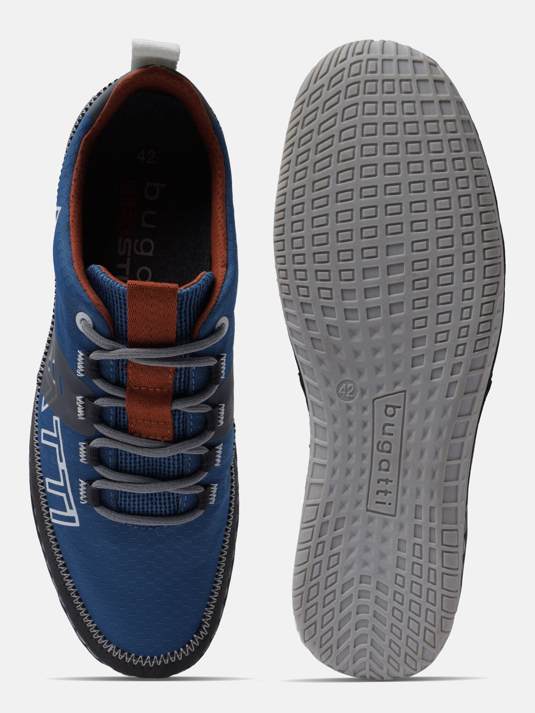 Blue low-top sneakers by bugatti, featuring grey laces, and a textured, patterned sole.