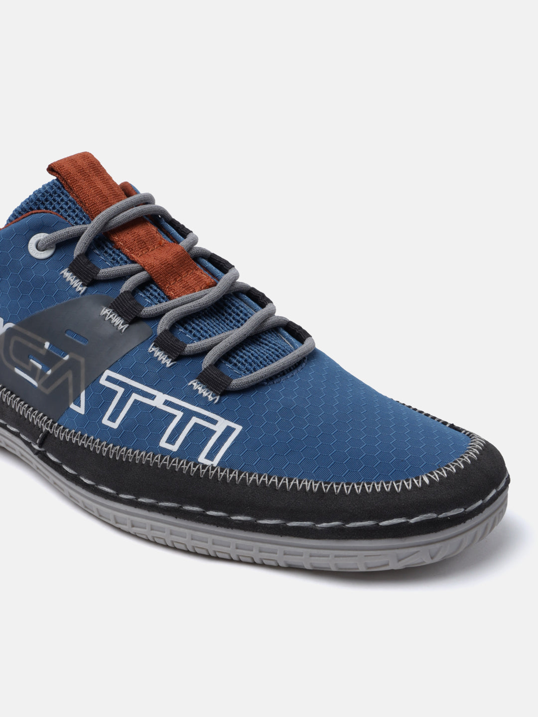 Blue comfort low top sneaker by bugatti, with grey laces and decorative stitching.
