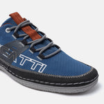 Blue comfort low top sneaker by bugatti, with grey laces and decorative stitching.