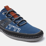 Blue comfort low top sneaker by bugatti, with grey laces and decorative stitching.
