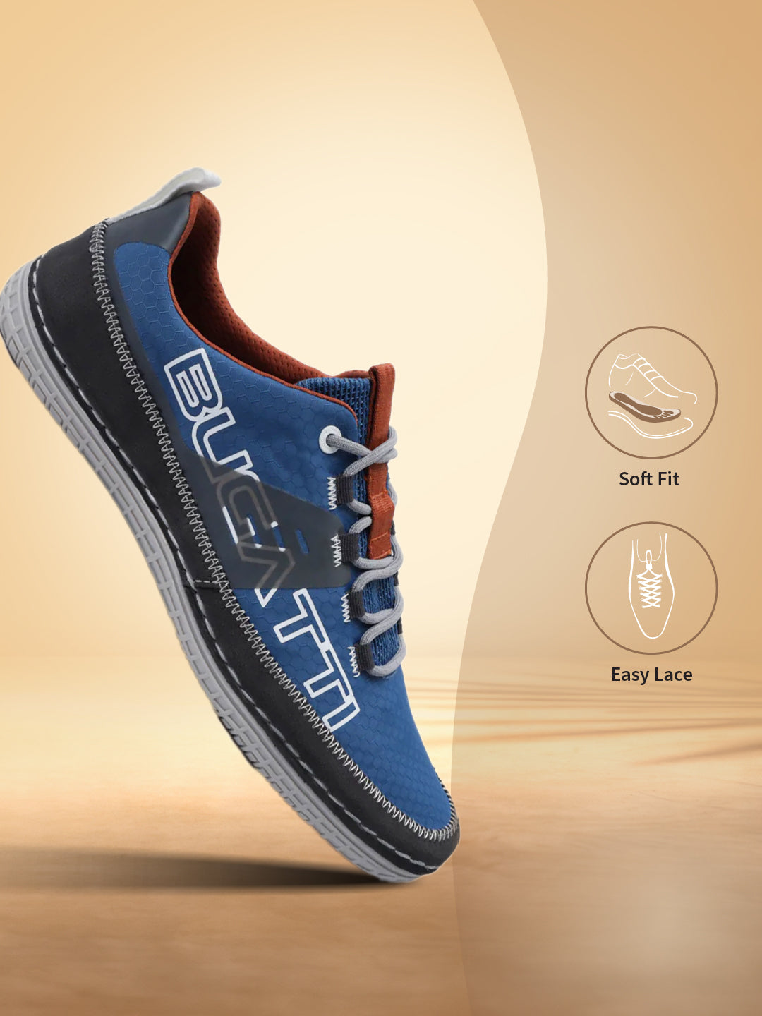 Blue comfort low-top sneaker by bugatti, with visible stitching, a contrasting dark heel and a ridged sole.