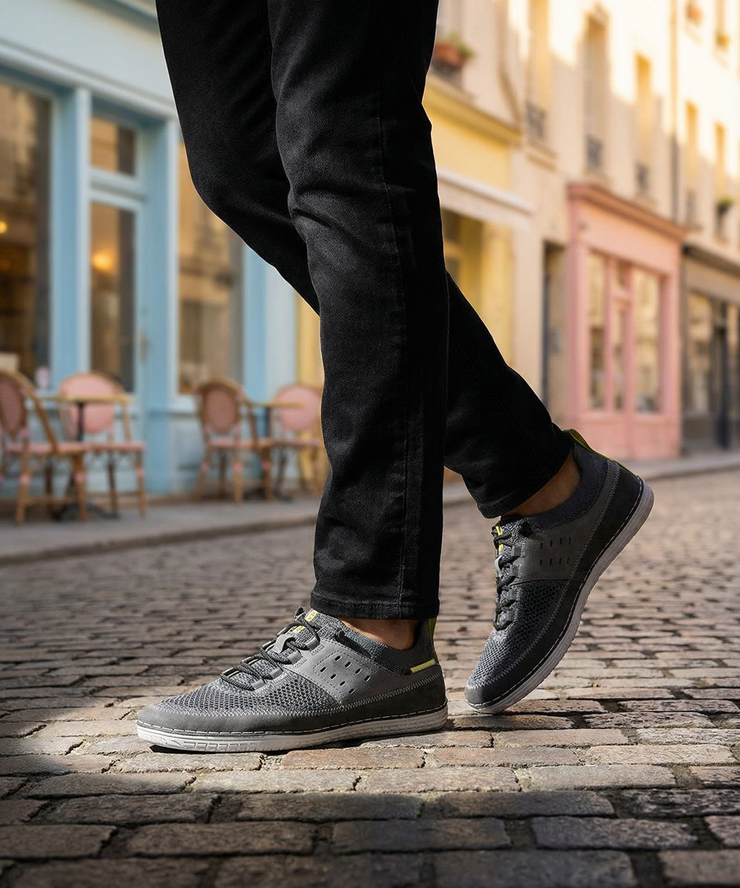 Lifestyle shot of bugatti Bimini grey low top sneakers with a knit texture and black laces.
