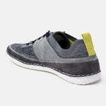 Grey comfort low top sneakers by bugatti, with a suede and knit upper and yellow pull tab at the heel.